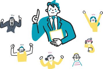 若いビジネスパーソンと彼を応援する人々　セットのストックイラスト素材

