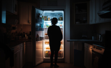 Person standing in front of an open fridge at night, illuminated by the refrigerator light.