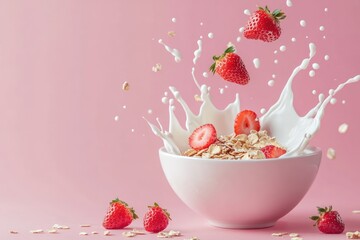 Strawberries Splashing into a Bowl of Oatmeal and Milk