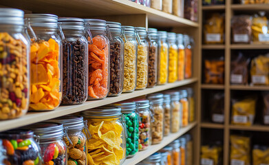 Various dried snacks and treats neatly organized in glass jars on shelves.