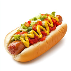 delicious hot dog with mustard and ketchup on a white background