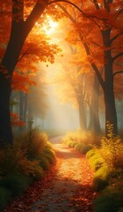 Obraz premium Golden Sunlight Filtering Through Autumn Trees for Phone Wallpaper.