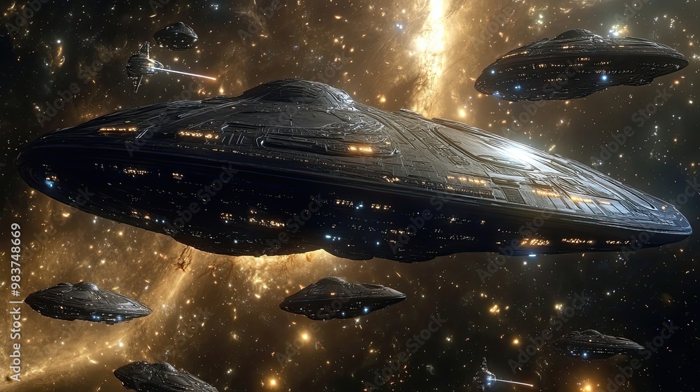 Poster a fleet of futuristic spaceships navigating through a starry galaxy