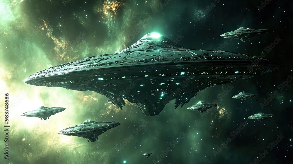 Poster a fleet of unidentified flying objects traversing a nebula filled with stars