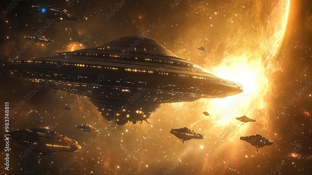 Canvas Prints a fleet of spaceships approaching a glowing planet