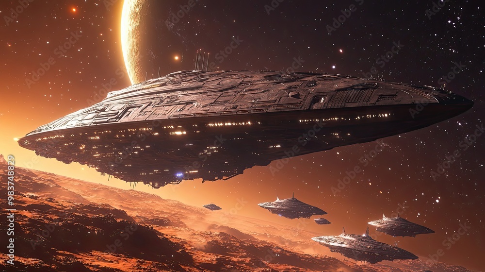 Aufkleber spaceships hovering over a red planet with stars in the background