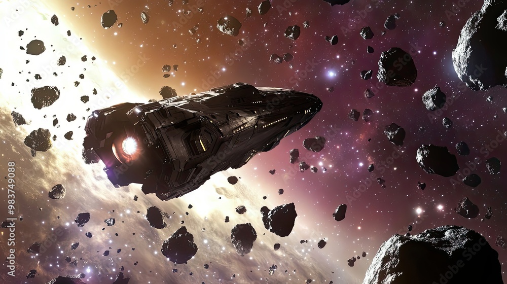 Aufkleber spaceship navigating through asteroid field