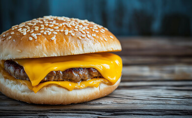 A simple cheeseburger with a melted slice of cheddar on a rustic wooden surface.