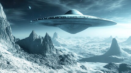 Fototapeta premium A silver UFO hovering over a frosty alien landscape