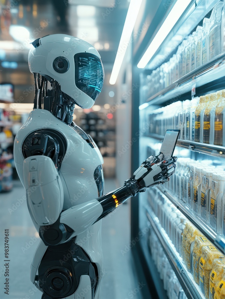 Poster a futuristic shop where robots assist customers in finding their perfect purchase ai_generated