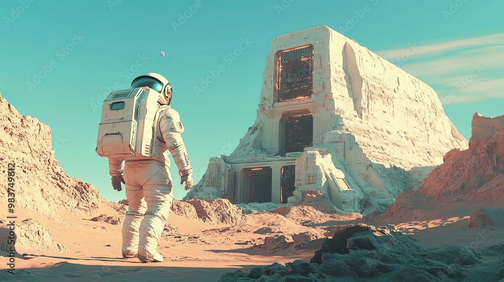 Poster astronaut exploring a futuristic structure on a desolate planet