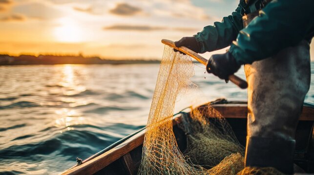 Close-up of a fisherman casting a net from a wooden boat, calm sea and bright sky in the background.