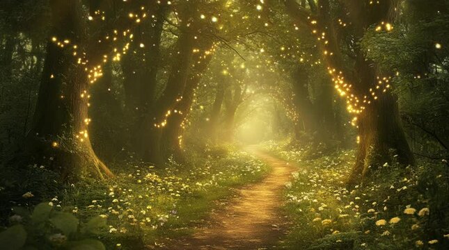 Mystical glowing forest illuminated by ethereal lights, creating an enchanting and otherworldly fantasy atmosphere
 Seamless looping 4k time-lapse virtual video animation Generated AI