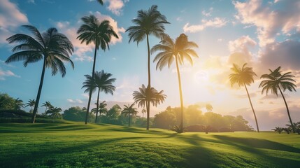 Serene Tropical Palm Trees at Sunset in a Lush Green Landscape