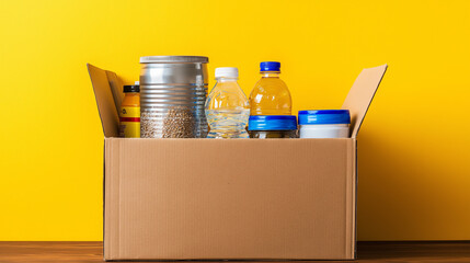 A cardboard box filled with various pantry staples like pasta, grains, and sauces against a yellow background.