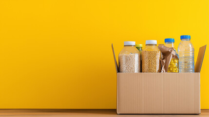 A cardboard box filled with various pantry staples like pasta, grains, and sauces against a yellow background.