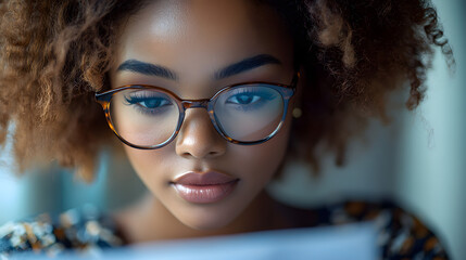 A young woman with curly hair and glasses focuses intently on a document, showcasing curiosity and concentration indoors.