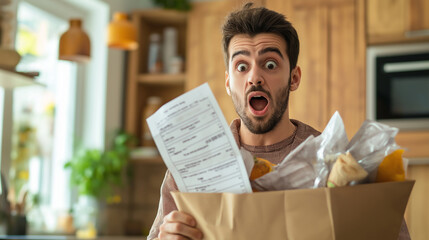 Shocked man holding a grocery bag full of vegetables while looking at a long receipt.