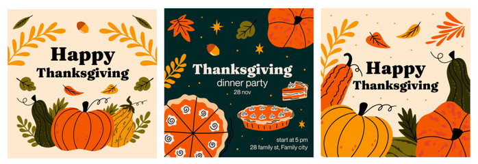 Happy Thanksgiving social media posts collection. Autumn vector illustration set for holiday celebration with pumpkin pie, fall leaves, acorn. design concept, banner templates, greeting cards