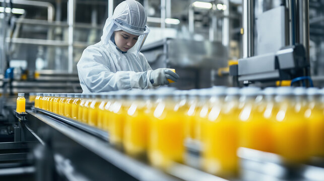 Worker inspecting bottles of orange juice on a production line in a factory.