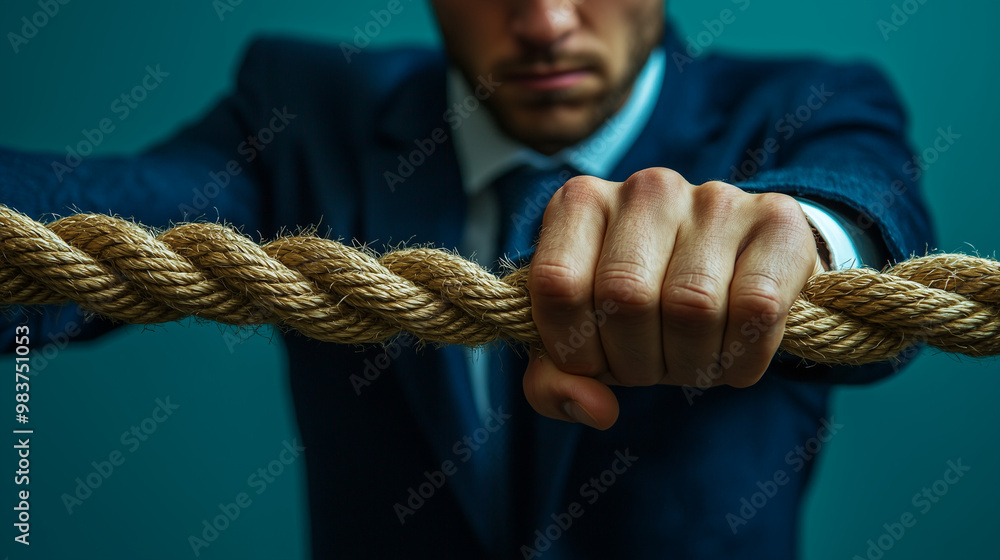 Wall mural the weight of business: a determined businessman, face obscured, grips a thick rope, embodying the r