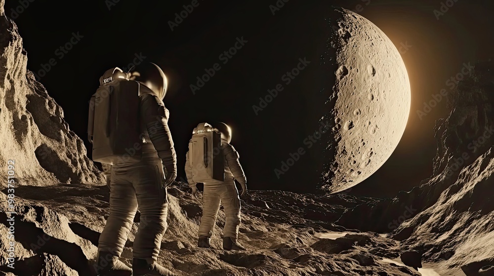 Poster two astronauts standing on a moon-like surface with a large cratered celestial body in the backgroun