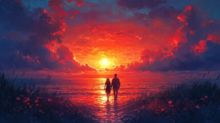 Obraz premium A couple walks hand-in-hand at sunset by the ocean.