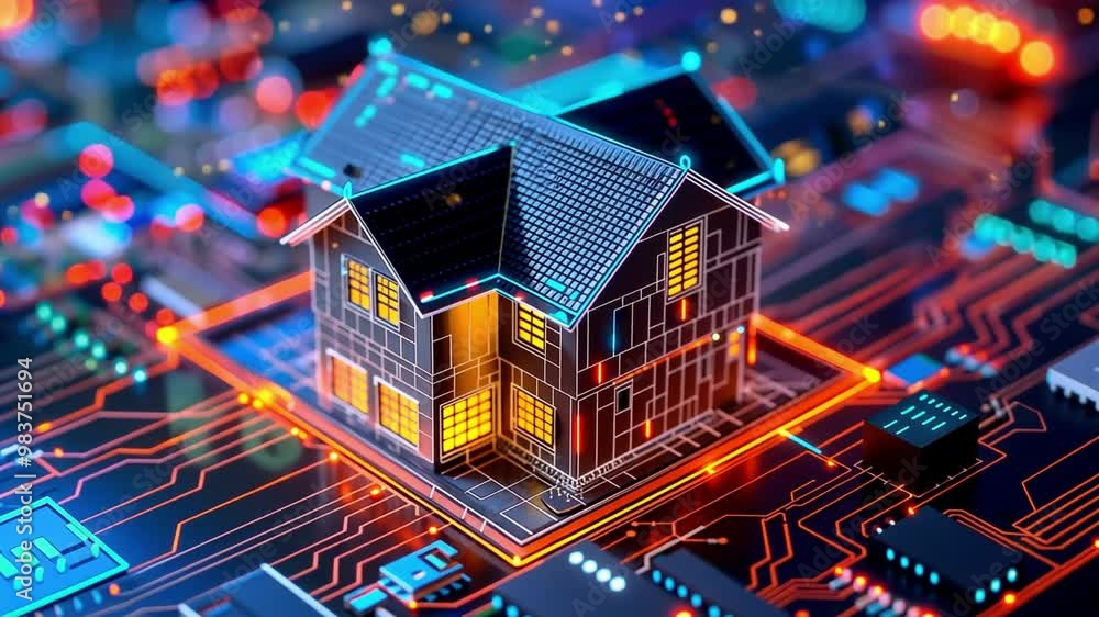 Aufkleber a contemporary house is prominently displayed on a luminous circuit board, emphasizing the intersect
