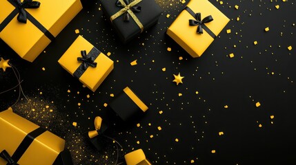 Black friday sale banner with gift boxes. Black friday background. Black Friday Frenzy: A Black and Yellow Themed Picture Featuring Gifts and Deals