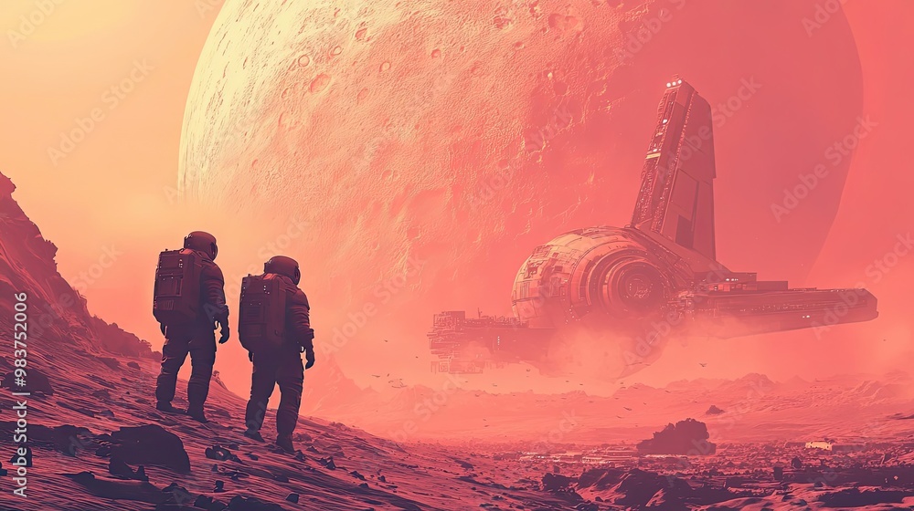 Poster two astronauts on a red planet with a large spaceship and a distant moon
