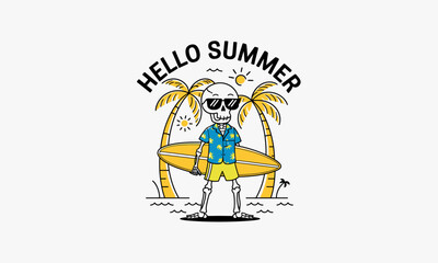 Naklejka premium Skeleton surfing under palm trees with Hello Summer text