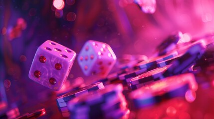 A closeup of two dice and casino chips on a table, with a purple background and blurred purple color tone.