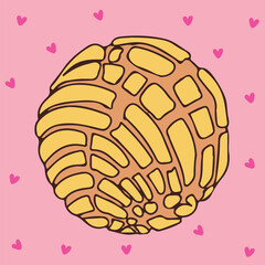 Concha traditional Mexican sweet bread Cute illustration of a vanilla concha with hearts