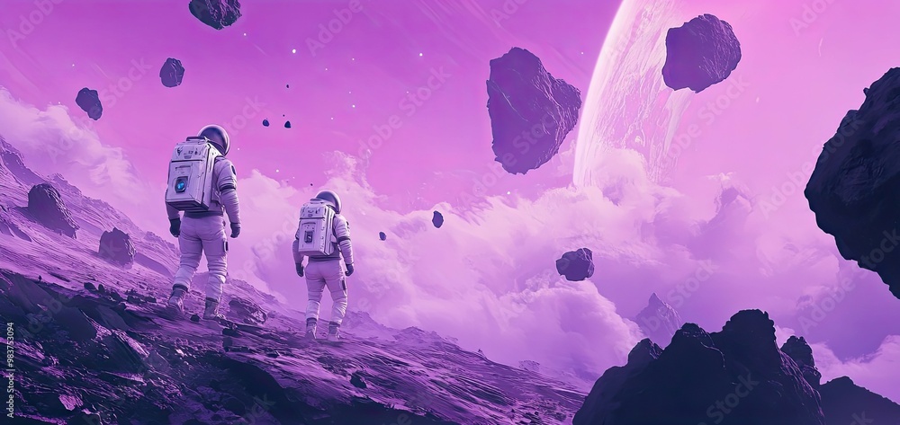 Poster two astronauts exploring a purple alien landscape with asteroids and a distant planet