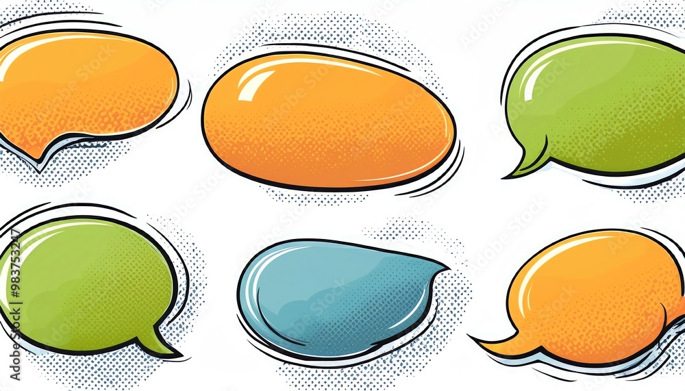 Poster colorful speech bubbles in various shapes and sizes, symbolizing communication and dialogue in a vib
