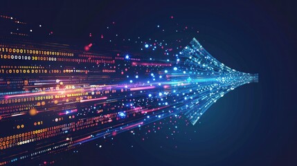 Obraz premium Abstract data flow with binary code and colorful lines on a dark blue background vector illustration