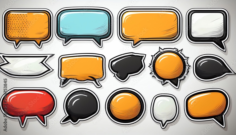Poster Colorful speech bubbles in various shapes and sizes, designed for communication and dialogue representation.