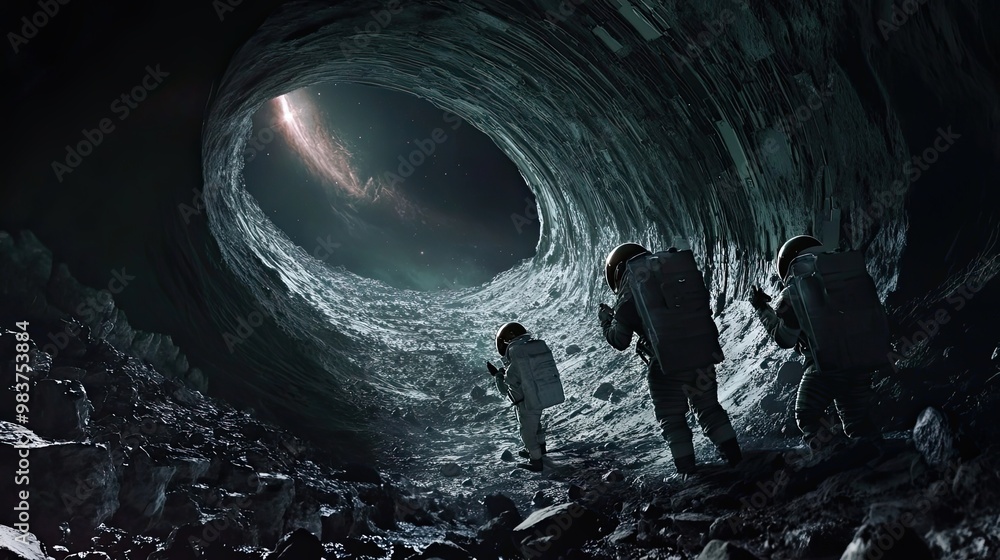 Poster astronauts exploring a lunar crater with a galaxy visible in the distance