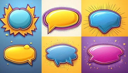 Colorful speech bubbles in various shapes and sizes, perfect for comic or graphic design use.