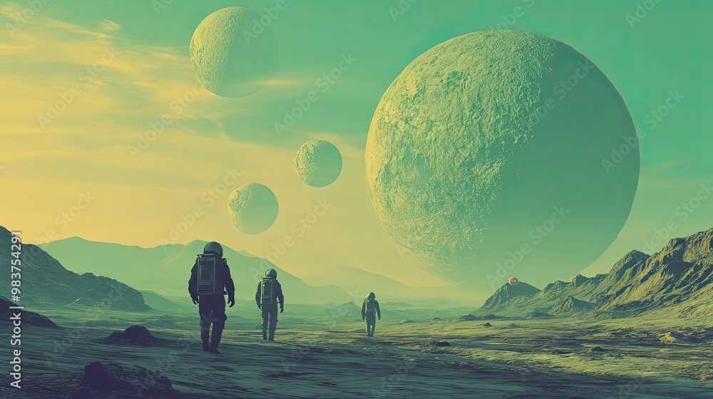 Poster three astronauts walking on an alien planet with multiple moons