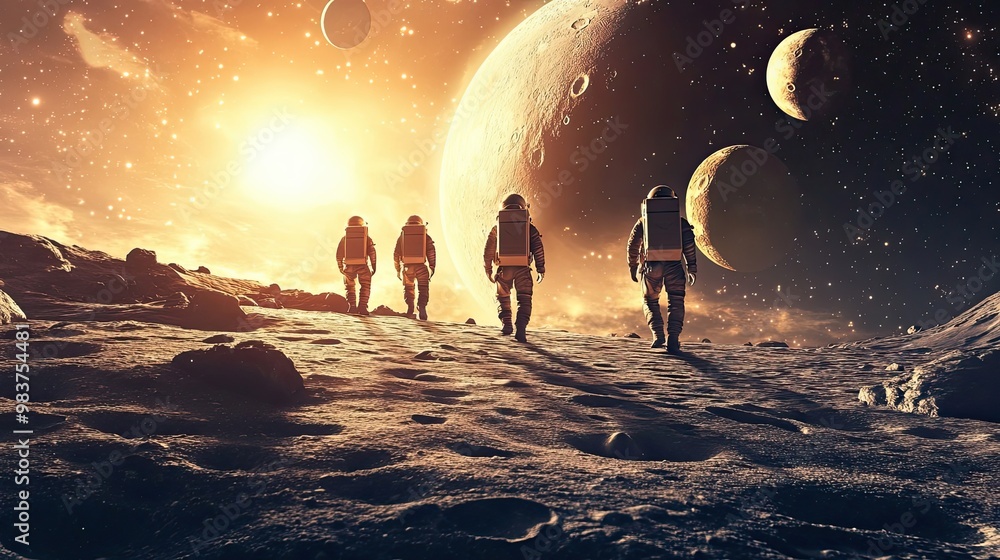 Aufkleber four astronauts walking on a desert planet with multiple moons in the background