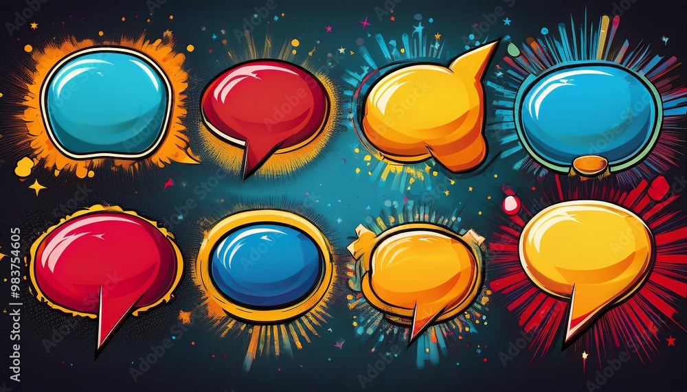 Poster colorful speech bubbles with different shapes and colors on a dark background, ideal for communicati