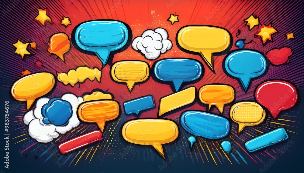Poster Colorful speech bubbles scatter against a vibrant background, creating a dynamic and playful graphic design element perfect for dialogue or communication themes.