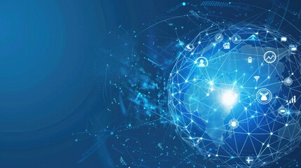 Abstract digital technology background with social media icons, a world map and a global network connection