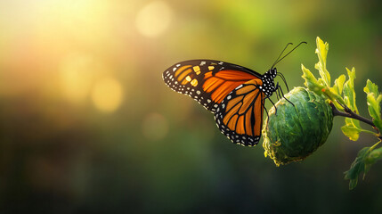 monarch butterfly on green bud in sunlit meadow