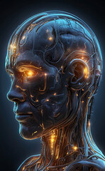 Obraz premium A futuristic concept of artificial intelligence represented by a human brain made of glowing circuits and wires, with a digital matrix background for a tech-focused mobile wallpaper