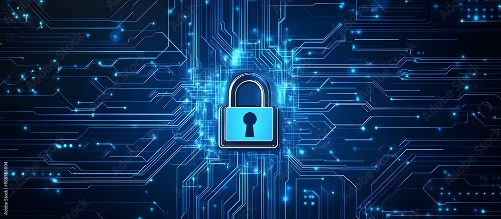 Poster blue digital security background with a lock symbol and circuit board patterns, representing data pr