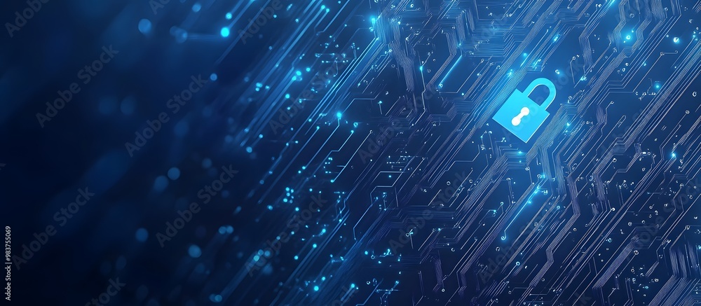 Poster blue digital security background with a lock symbol and circuit board patterns, representing data pr