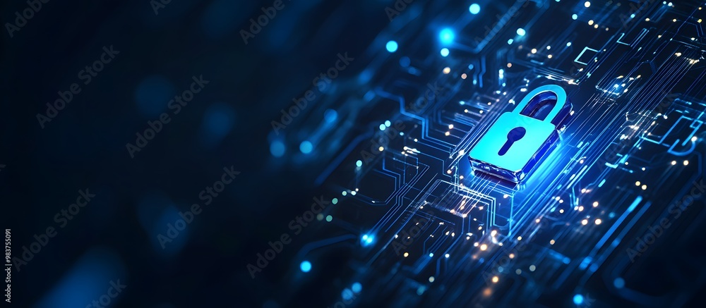 Poster blue digital security background with a lock symbol and circuit board patterns, representing data pr