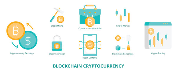 Blockchain Cryptocurrency Flat Banner Web Icon Set Vector Illustration, Cryptocurrency Exchange Crypto Market Bitcoin Mining Portfolio Encryption Consensus Digital Currency Crypto Trading